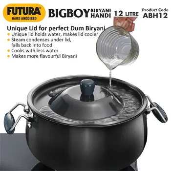 Hawkins Futura 12 Litre BigBoy Biryani Handi, Hard Anodised Pot with Hard Anodised Lid, Sauce Pan for Cooking and Serving Biriyani, Black (ABH12)