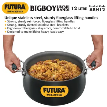 Hawkins Futura 12 Litre BigBoy Biryani Handi, Hard Anodised Pot with Hard Anodised Lid, Sauce Pan for Cooking and Serving Biriyani, Black (ABH12)