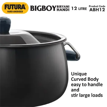 Hawkins Futura 12 Litre BigBoy Biryani Handi, Hard Anodised Pot with Hard Anodised Lid, Sauce Pan for Cooking and Serving Biriyani, Black (ABH12)
