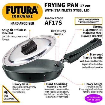 Hawkins Futura 17 cm Frying Pan, Hard Anodised Fry Pan with Stainless Steel Lid, Small Frying Pan, Black (AF17S)