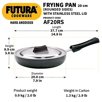 Hawkins Futura 20 cm Frying Pan, Hard Anodised Fry Pan with Stainless Steel Lid, Frypan with Extra Height and Rounded Sides, Black (AF20RS)