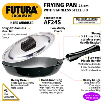 Hawkins Futura 24 cm Frying Pan, Hard Anodised Fry Pan with Stainless Steel Lid, Black (AF24S)