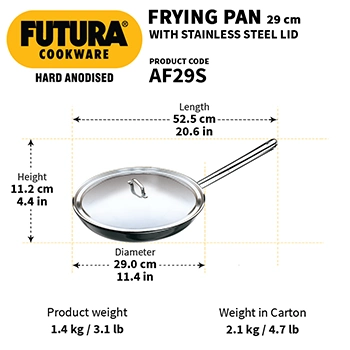 Hawkins Futura 29 cm Frying Pan, Hard Anodised Fry Pan with Stainless Steel Handle and Stainless Steel Lid, Big Frying Pan, Black (AF29S)