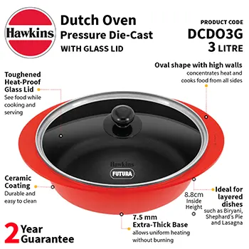 Hawkins 3 Litre Dutch Oven, Nonstick Biryani Pot, Red Ceramic Coated Casserole, Cooking Pot, Saute Pan, Red (DCDO3G)