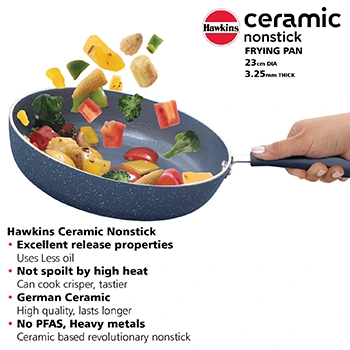 Hawkins Ceramic Nonstick Frying Pan, 23 cm Diameter, Induction Fry Pan with Glass Lid, Granite Omlette Egg Pan, Fish Pan, Blue (ICF23G)