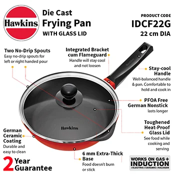 Hawkins 22 cm Frying Pan, Die Cast Non Stick Fry Pan with Glass Lid, Ceramic Coated Pan, Induction Frying Pan, Red (IDCF22G)
