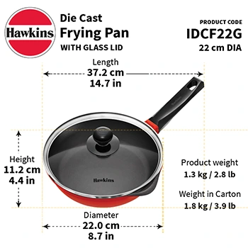 Hawkins 22 cm Frying Pan, Die Cast Non Stick Fry Pan with Glass Lid, Ceramic Coated Pan, Induction Frying Pan, Red (IDCF22G)