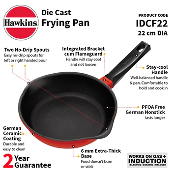 Hawkins 22 cm Frying Pan, Die Cast Non Stick Fry Pan, Ceramic Coated Pan, Induction Frying Pan, Red (IDCF22)