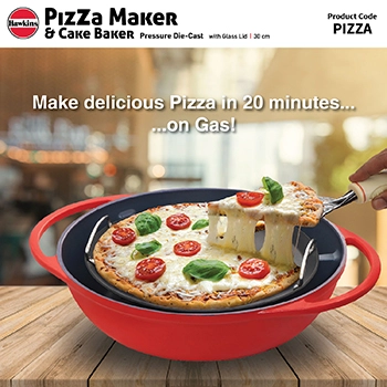 Hawkins Diecast 30 cm Nonstick Pizza Maker and Cake Baker with Glass Lid, Gas Oven, Pizza Oven, Griller, Tandoor, Barbecue, Baking Pan, Red (PIZZA)