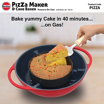 Hawkins Diecast 30 cm Nonstick Pizza Maker and Cake Baker with Glass Lid, Gas Oven, Pizza Oven, Griller, Tandoor, Barbecue, Baking Pan, Red (PIZZA)