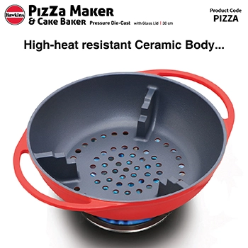 Hawkins Diecast 30 cm Nonstick Pizza Maker and Cake Baker with Glass Lid, Gas Oven, Pizza Oven, Griller, Tandoor, Barbecue, Baking Pan, Red (PIZZA)