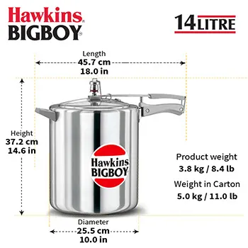 Hawkins 14 Litre Bigboy Pressure Cooker, Big Inner Lid Cooker, Silver (BB14)