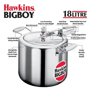 Hawkins 18 Litre Bigboy Pressure Cooker, Big Inner Lid Cooker, Silver (BB18)