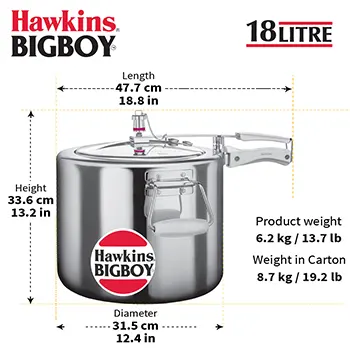 Hawkins 18 Litre Bigboy Pressure Cooker, Big Inner Lid Cooker, Silver (BB18)