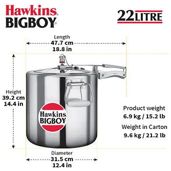 Hawkins 22 Litre Bigboy Pressure Cooker, Big Inner Lid Cooker, Silver (BB22)