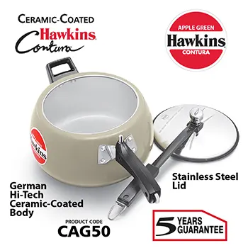 Hawkins 5 Litre Contura Pressure Cooker, Ceramic Coated Handi Inner Lid Cooker, Apple Green (CAG50)