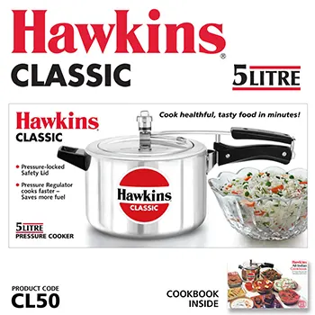 Hawkins 5 Litre Classic Pressure Cooker, Best Inner Lid Cooker, Silver (CL50)