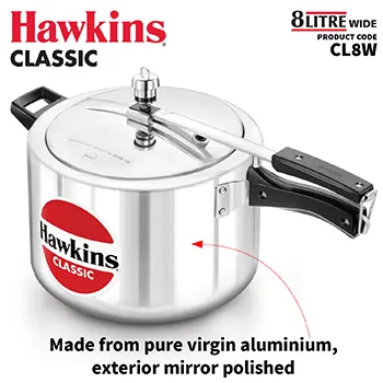 Hawkins 8 Litre Classic Pressure Cooker, Wide Design Pan Cooker, Big Inner Lid Cooker, Silver (CL8W)