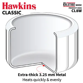 Hawkins 8 Litre Classic Pressure Cooker, Wide Design Pan Cooker, Big Inner Lid Cooker, Silver (CL8W)
