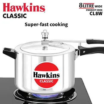 Hawkins 8 Litre Classic Pressure Cooker, Wide Design Pan Cooker, Big Inner Lid Cooker, Silver (CL8W)