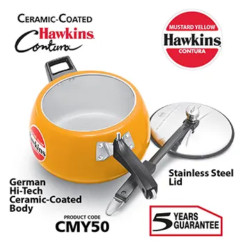 Hawkins 5 Litre Contura Pressure Cooker, Ceramic Coated Handi Inner Lid Cooker, Mustard Yellow (CMY50)