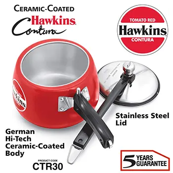 Hawkins 3 Litre Contura Pressure Cooker, Ceramic Coated Handi Inner Lid Cooker, Tomato Red (CTR30)