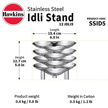 Hawkins Stainless Steel Idli Stand for 5 Litre Cooker, 12 Idli Pan - For 4.5 Litre and bigger Pressure Cookers, Silver (SSID5)